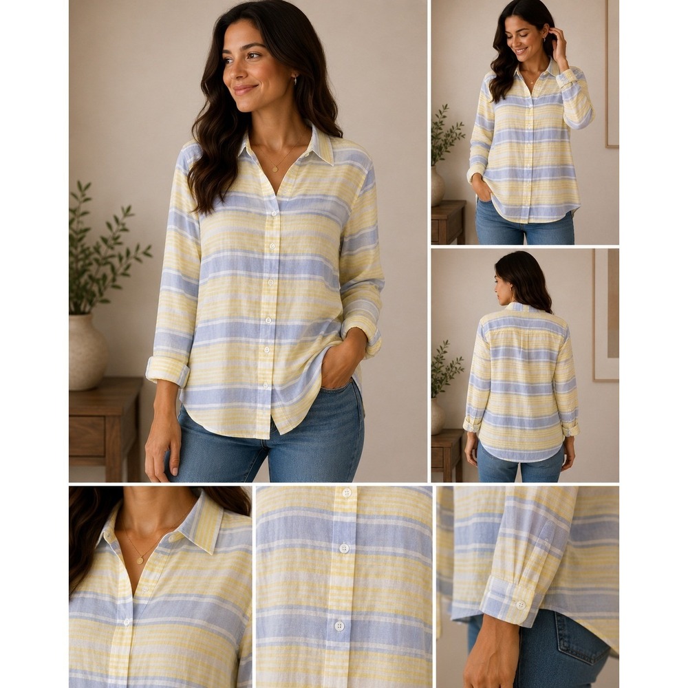 Talbots Petites Yellow Blue Striped Cotton Button Down Shirt Large Petite LP